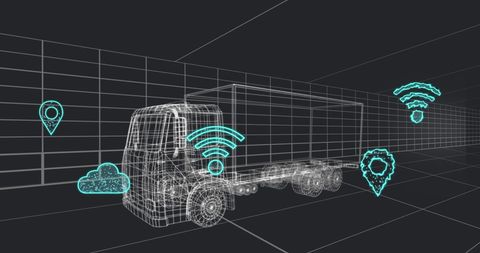 Digital connectivity with 3d model van in futuristic tunnel