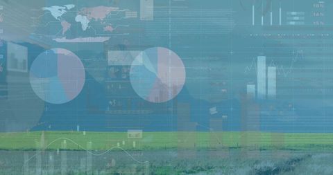 Translucent Data Dashboard Over Meadow and Horizon Blending Global Analytics, Maps, Charts