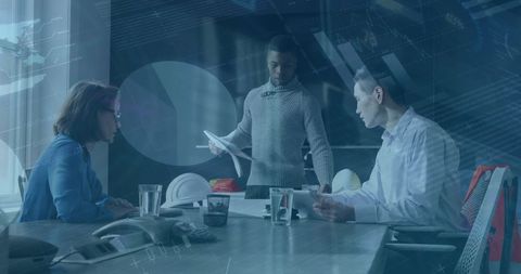 Diverse Team Collaborating on Ideas with Futuristic Interface Overlay