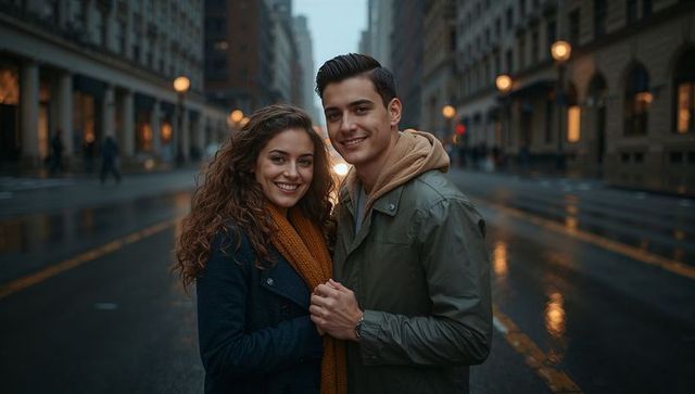 Romantic City Street Hug in Dusk Light