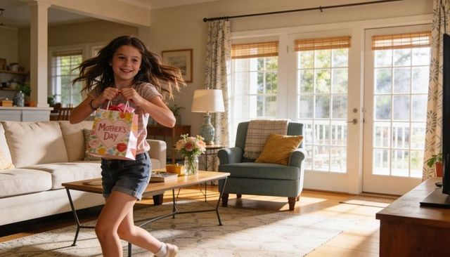 Young girl running through sunlit living room holding mother's day gift bag, joyful motion