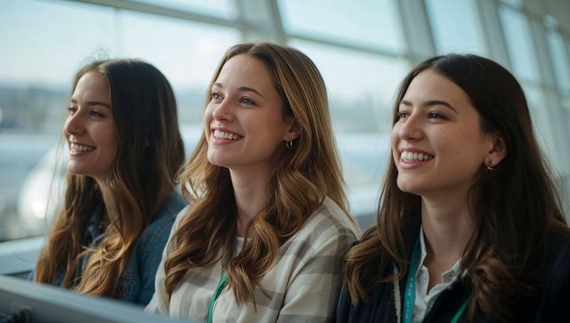 Smiling three young women sitting in bright event lounge wearing lanyards, candid networking
