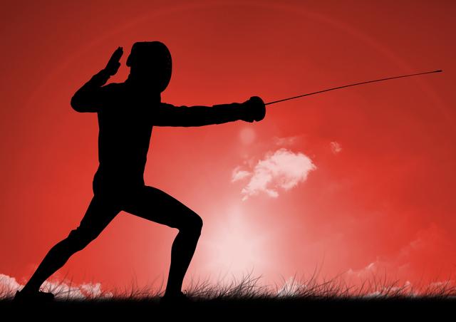 Digital composition of silhouette of player practicing fencing against sky in background