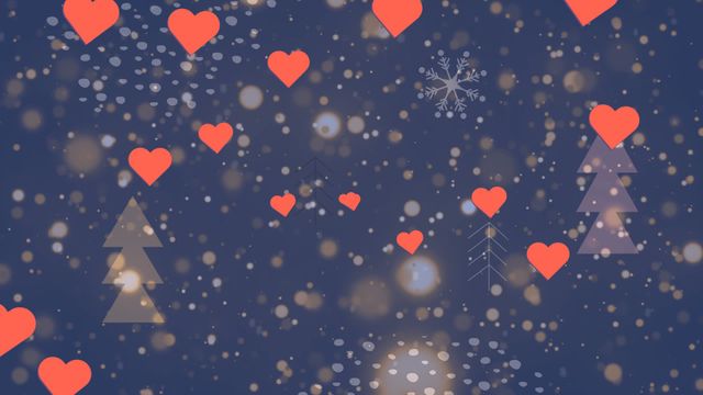 Hearts elegantly scattered against a navy backdrop evoke romance and warmth, making this perfect for Valentine's Day themes, relationship content, or romantic greeting cards. Snowflake patterns add a festive, wintry touch, suitable for holiday advertisements and digital invitations.