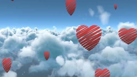 Red Heart Cutouts Floating in Blue Sky over White Clouds