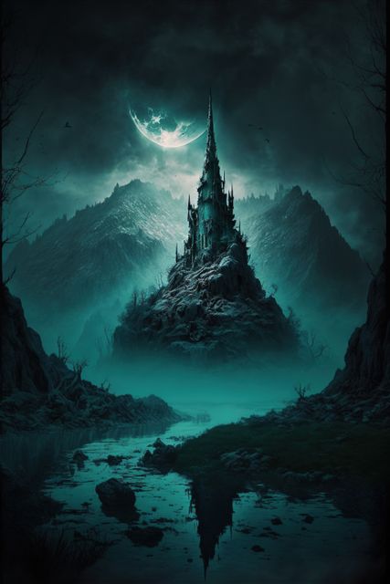 Dark, eerie castle perched on a rocky hill surrounded by mountains under a crescent moon. Gloomy atmosphere with moonlight casting reflection in the foreground river, creating a mystical and haunting ambiance. Ideal for illustrating fantasy themes, gothic stories, supernatural artwork, medieval tales, and mystery backgrounds.