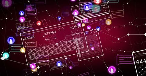 Neon Cyber Network Interface Showing Wireframe Keyboard, Avatars, Chat Nodes and Data Streams