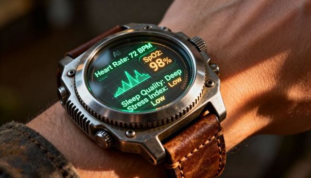 Rugged smartwatch on leather strap showing heart rate spo2 sleep quality and stress