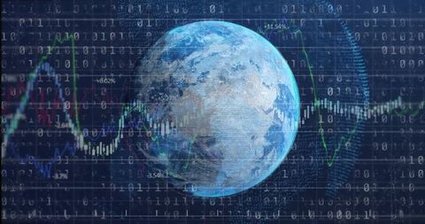 Globe Surrounded by Digital Analytics and Financial Data
