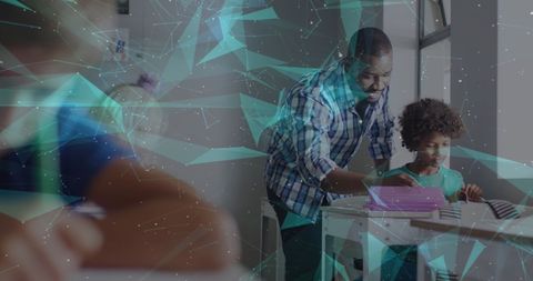 Teacher Assisting Student with Digital Overlay in Classroom