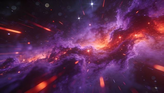 Swirling Nebula Clouds Emitting Fiery Orange Core and Streaking Light in Deep Space
