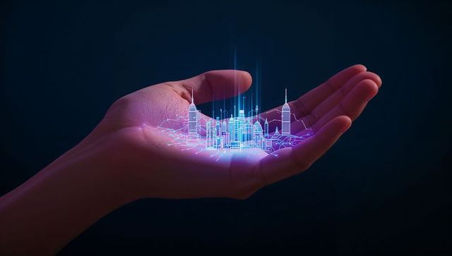 Hand Holding Neon Holographic Smart City Model in Palm for Future Tech and Urban Planning