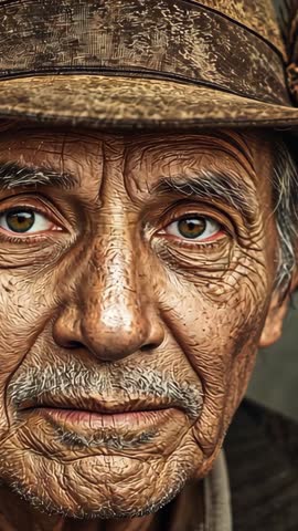 Elderly man blinking, sensing offscreen movement in rustic cabin wearing wide brim hat