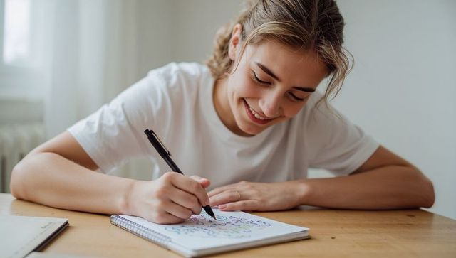 Smiling young woman writing in spiral notebook at home desk, studying and journaling