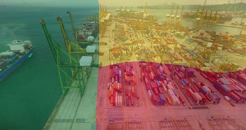 Aerial view of bustling seaport with container ships