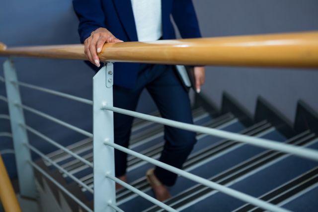 Businesswoman climbing stairs while holding a diary, symbolizing determination and career progression. Ideal for use in corporate, business, and professional development contexts, as well as motivational and success-themed materials.
