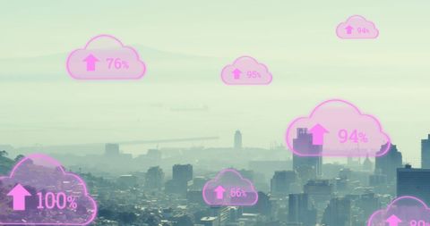 Digital Cloud Icons Hovering Above Futuristic Cityscape - Download Free Stock Images Pikwizard.com