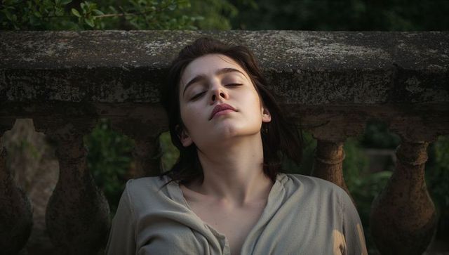 Young woman reclining against moss-covered balustrade, contemplative outdoor portrait, serene