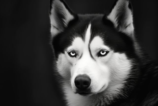 Close-up black and white portrait of a Siberian Husky with intense eyes. Ideal for use in pet photography collections, print media, posters, or as part of animal-themed branding and advertising campaigns.