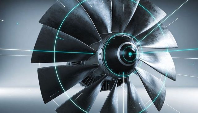 High-precision metallic turbine rotor with cyan holographic overlay and bolted hub