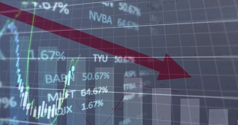 Red Down Arrow Overlaying Financial Data Graphs for Market Prediction