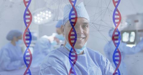 Surgeon in Operating Room with DNA Helix Overlay Illustrating Medical Innovation