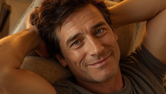 Relaxed man reclining on sofa smiling in warm evening light closeup lifestyle portrait