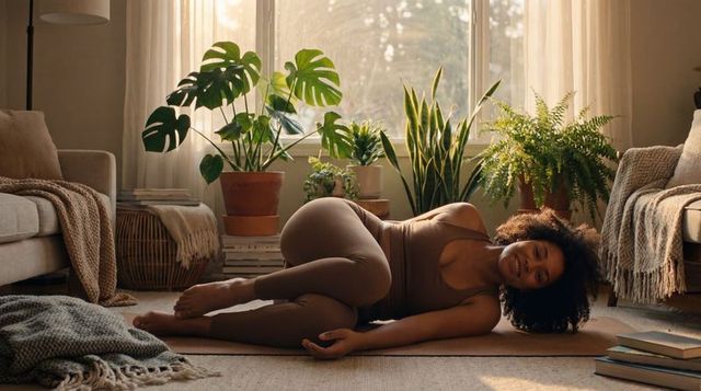 Morning home yoga side-lying stretch for core mobility and mindful relaxation