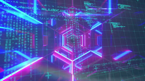 Neon Hexagonal Tunnel with Data Processing Animation