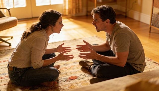 Couple having heated discussion while sitting on sunlit living room rug, casual clothes, emotional g