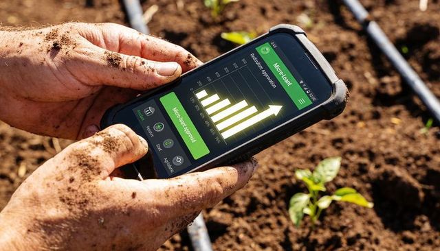 Farmer monitoring irrigation analytics on rugged smartphone with growth chart