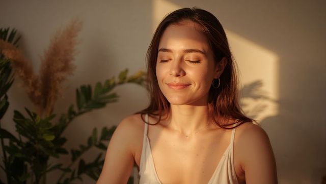 Young woman basking in golden sunlight with closed eyes, indoor plants and pampas grass