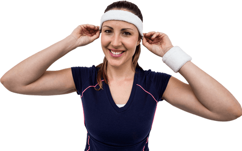 Female Athlete Adjusting headband with Confident Smile on Transparent Background