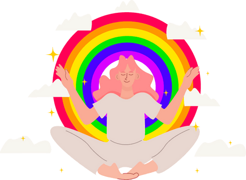 Meditating Person with Rainbow Aura and Clouds on Transparent Background