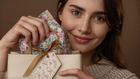 Smiling woman lifting floral scarf from gift box with golden ribbon and handwritten tag