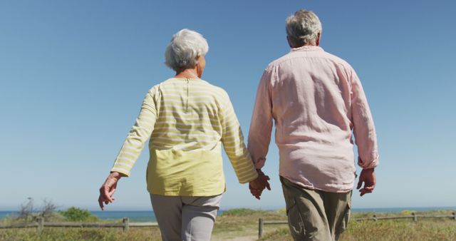 Senior caucasian couple holding hands and walking on path leading to the beach - Download Free Stock Photos Pikwizard.com
