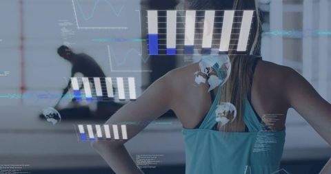 Female athlete checking workout form in minimalist gym with ar fitness analytics