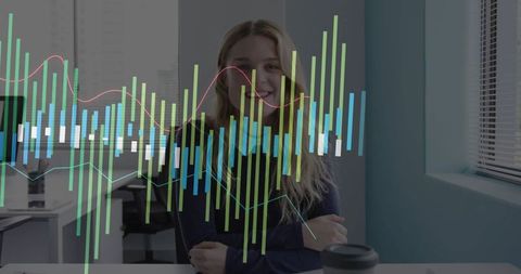 Happy Businesswoman Analyzing Data with Digital Charts at Office
