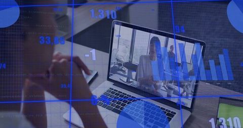 Businesswoman in Online Meeting with Digital Data Overlay