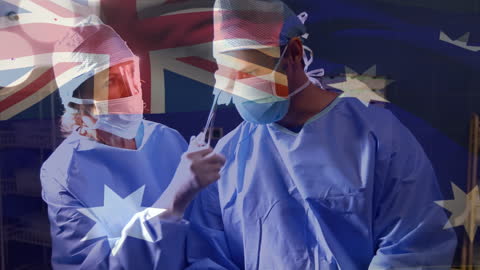 Australian Surgeons in Operating Room with Flag Overlay