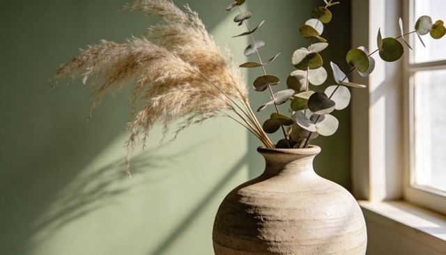 Sunlit ceramic vase holding pampas grass and eucalyptus on windowsill for rustic minimalist decor