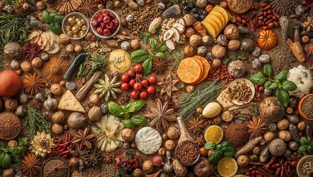 Rustic culinary flat-lay featuring star anise, cinnamon, nuts, herbs and artisan cheeses