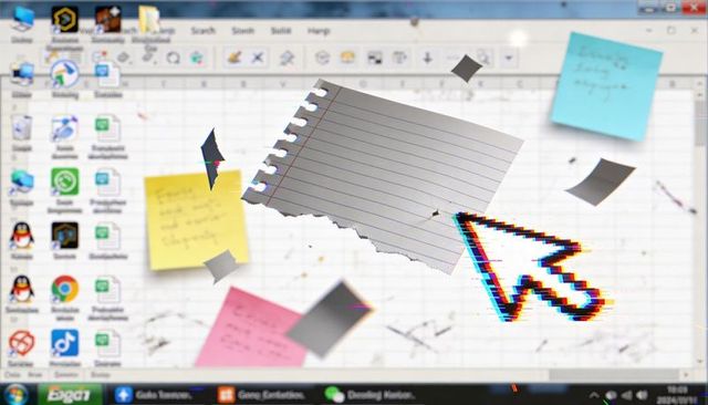 Glitched rgb cursor hovering over torn lined paper and sticky notes on desktop