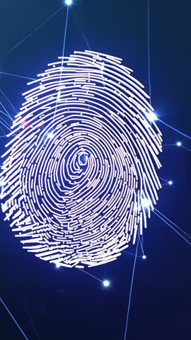 Rotating Pulsing Neon Fingerprint Connecting to Network Nodes Vertical Biometric Login