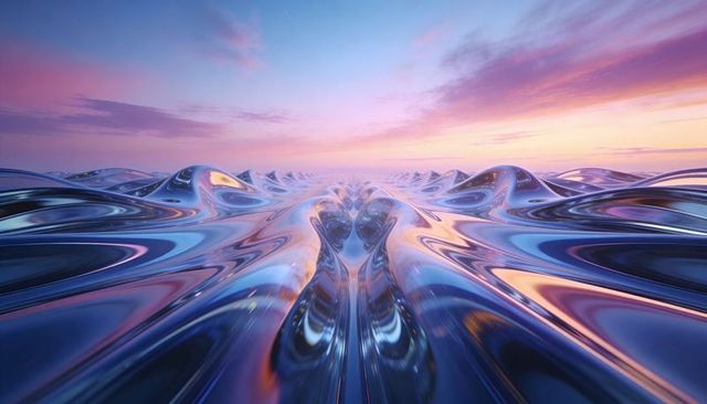 Reflective liquid metal horizon reflecting pastel sunset in surreal symmetrical 3d landscape