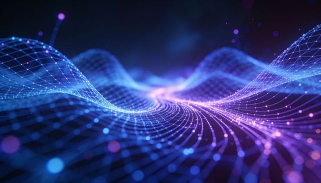 Flowing luminous 3d wireframe mesh with glowing nodes and neon digital wave background