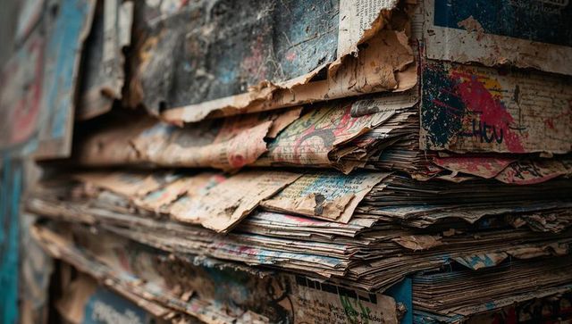 Weathered layered posters, torn paper stack with paint splatters, urban grunge texture