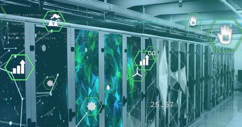 Digital Interface Over High-Tech Server Room with Data Icons - Download Free Stock Images Pikwizard.com