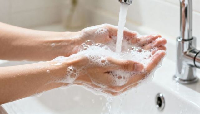 Rinsing hands under running chrome faucet with soap lather and foamy bubbles