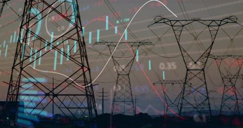 Power Lines and Financial Graph Overlay at Dusk